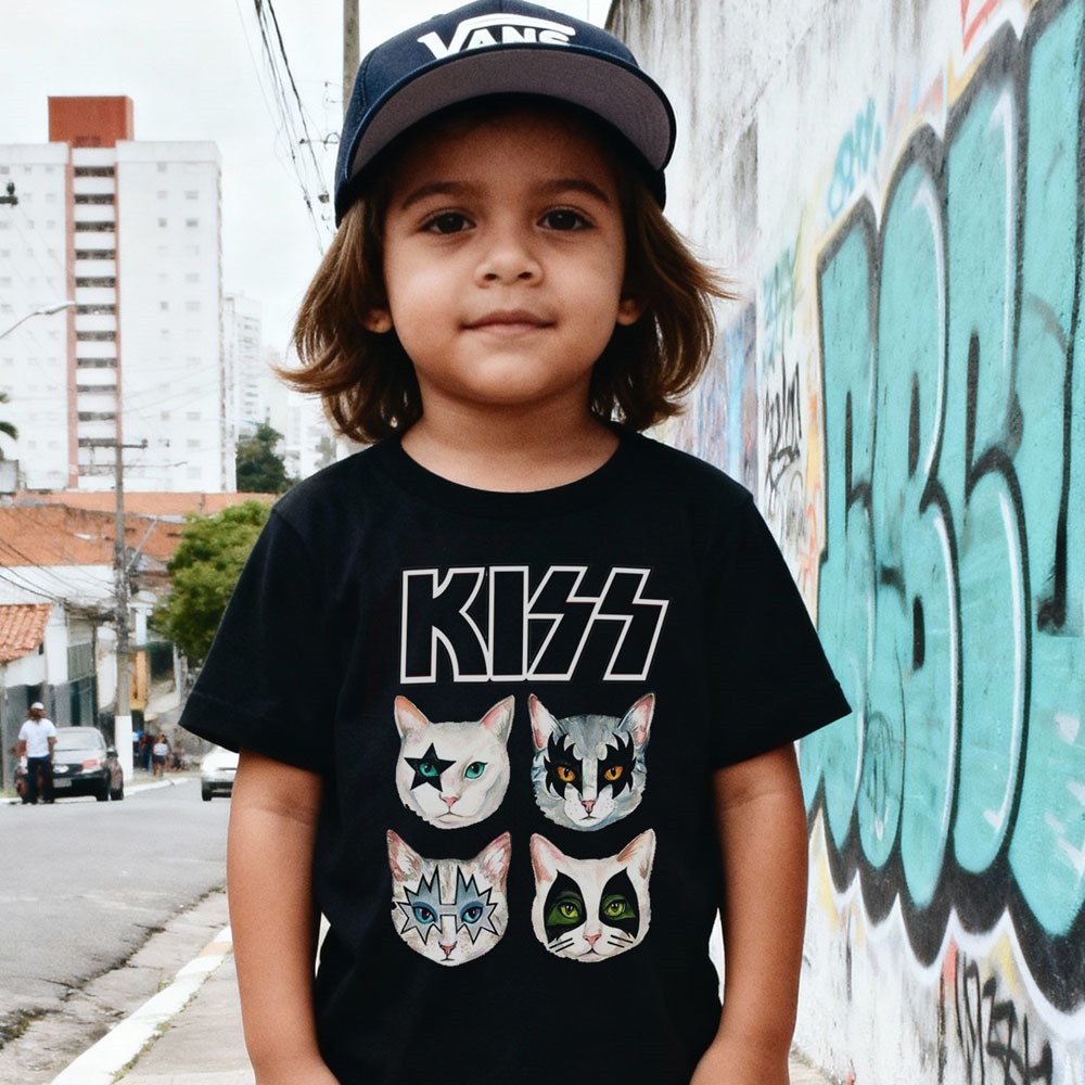 Camiseta infantil Rock  Kiss Cat preto