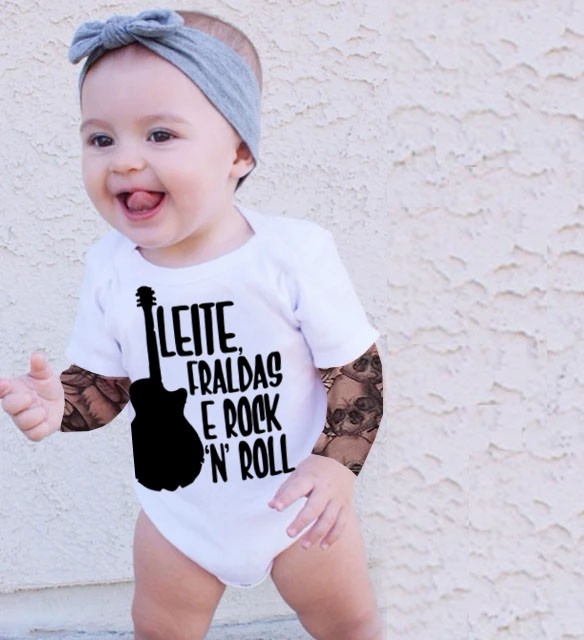 Body  bebê Manga Tatoo Leite Fraldas e Rock n Roll
