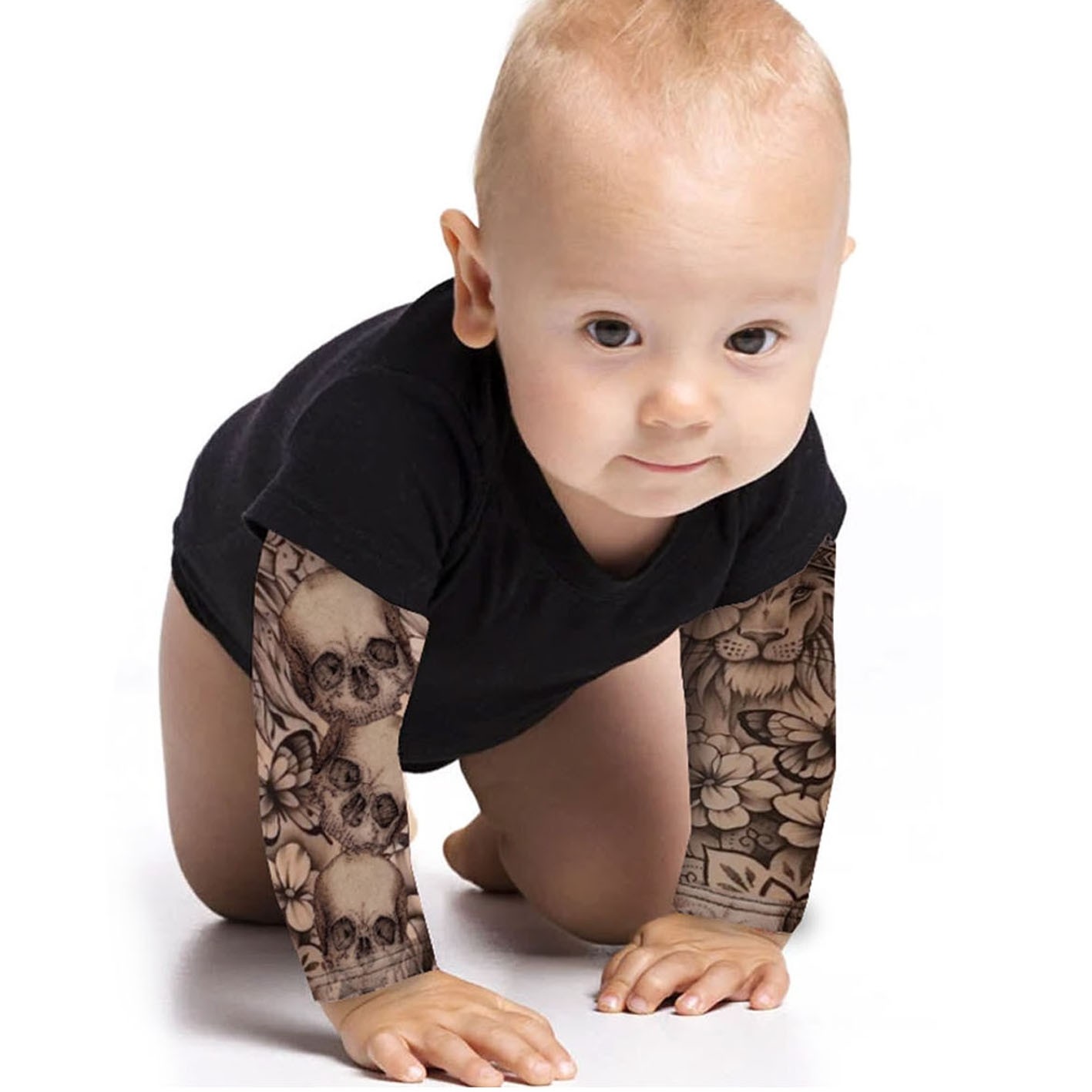 Body  bebê Manga Tatoo Skull preto