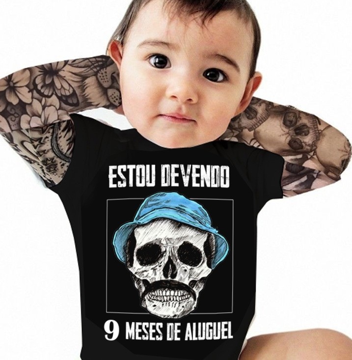 Body  bebê Manga Tatoo Devendo 9 meses de aluguel Preto - Madruga