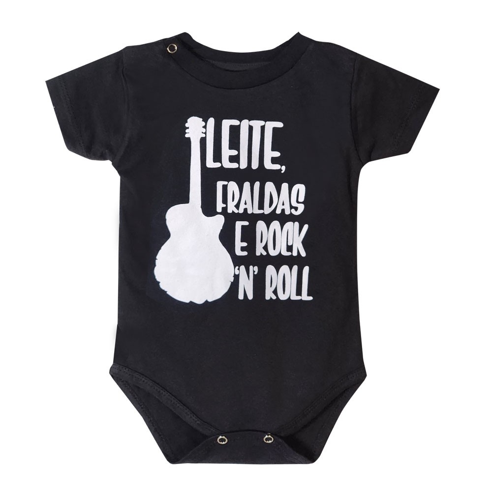 Body Bebê Leite Fraldas e Rock n Roll Preto